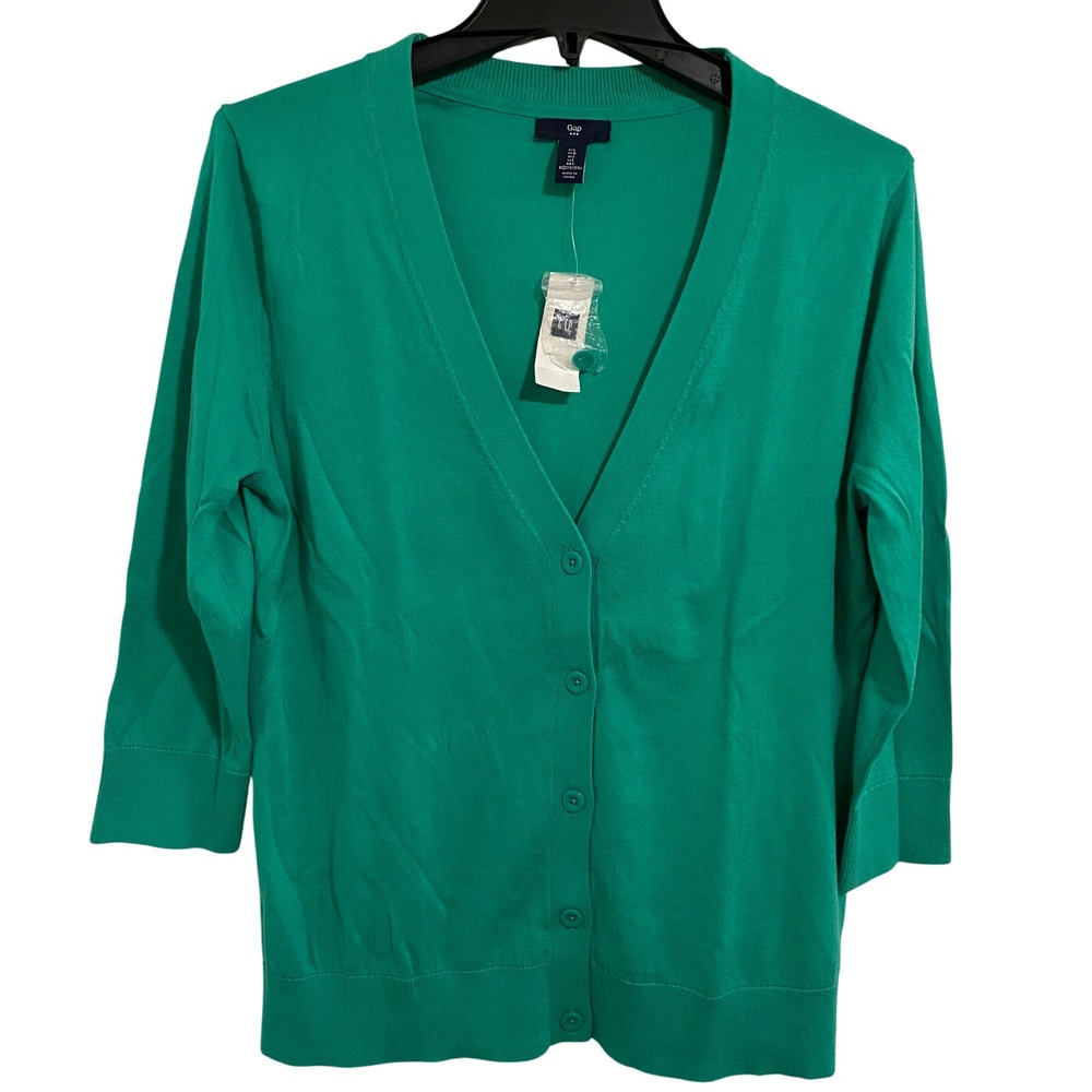 Gap Preppy Cardigan Women L Green NWT 3/4 Sleeve Button Front Knit Sweater - Picture 2 of 7